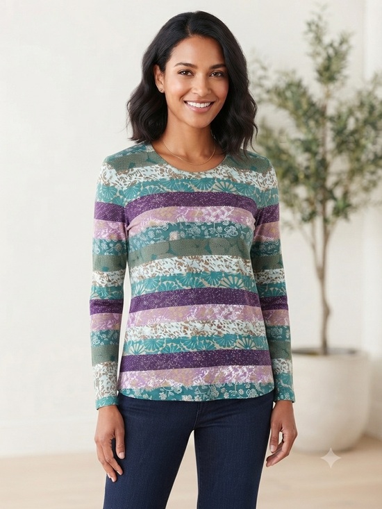 Christopher & Banks Tops - Christopher & Banks Green Purple Floral Patchwork Long Sleeve Top Size S